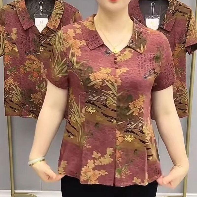 

Folk Vintage Printed Loose Blouse Summer Turn-down Collar Button Commute Casual Pleated Spliced Shirt M рожевий