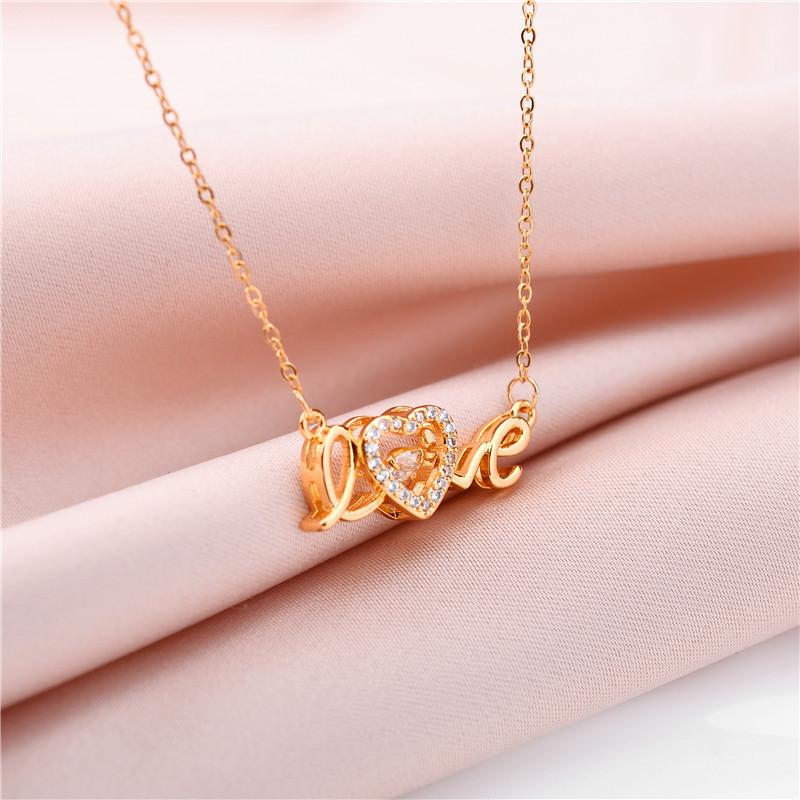 Cute Gold Love Letter Crystal Heart Pendant Women Necklace Ladies Romantic Wedding Party Jewelry Female Clavicle Chain
