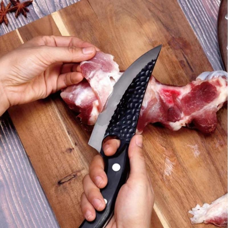 Wooden Handle with Hole Boning Knife Hammer Pattern Forging Slaughter Cutting Meat Skinning Knife Killing Fish with Leather Case