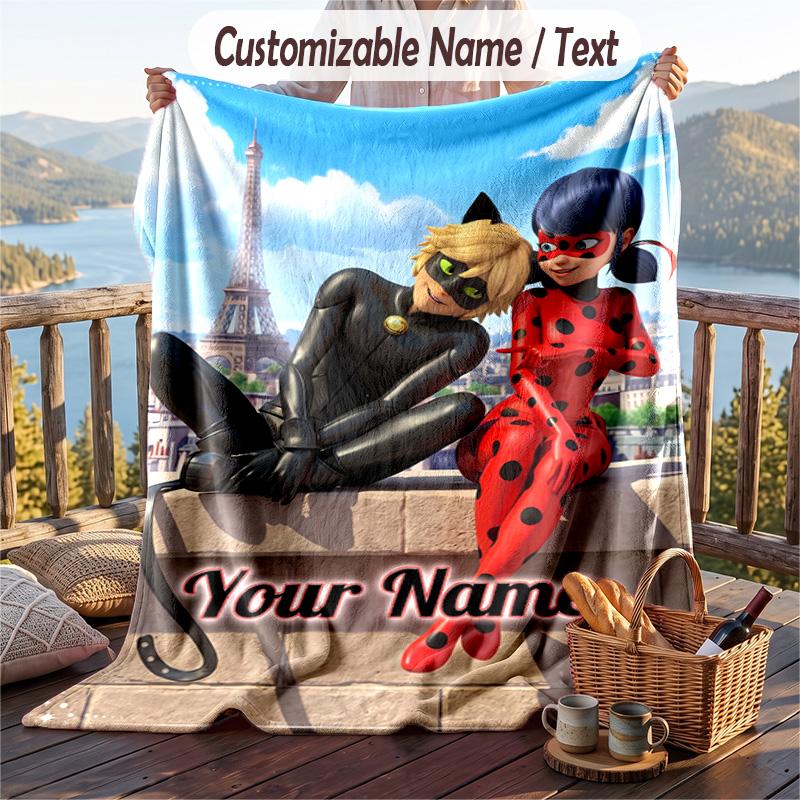 Miraculous Ladybug Flannel Blanket, Personalized Custom Name Text, Soft Warm Plush Throw Blanket For Gift
