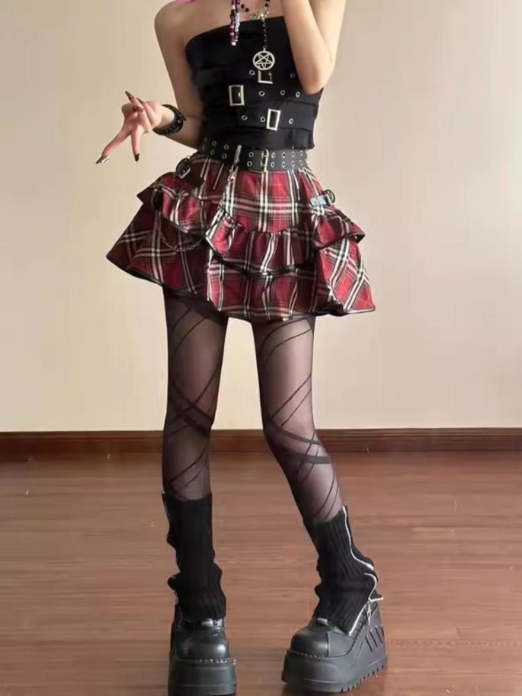 Punk Gothic Red Plaid Mini Skirt Women Vintage Y2k E-girl Emo High Waist Cake Skirt Harajuku Street Fairycore Grunge Clubwear