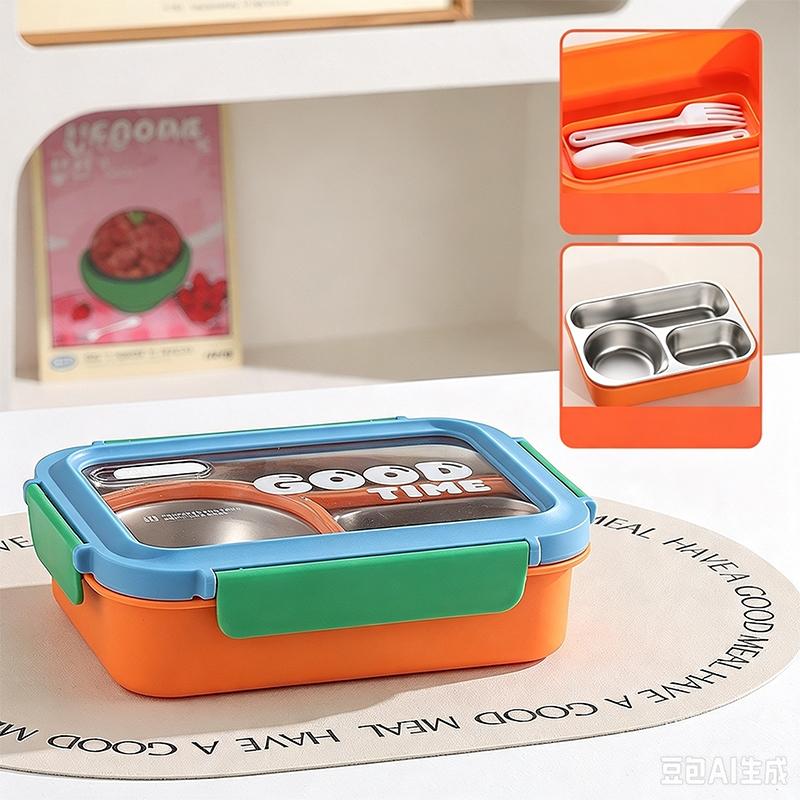 Food Grade 304 Stainless Steel Compartment Lunch Box Sealed Insulated Bento Box with Tableware for Students Office Workers