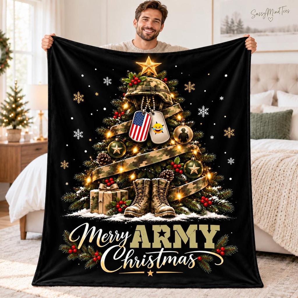 Army Christmas Blanket, Military Christmas Gift for Soldier, Veteran Gift, Army Family Fleece Throw, Merry Army Christmas Decor