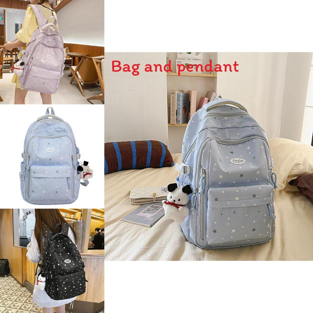 Einfacher Sternenmuster-Schülerrucksack mit Plüschanhänger für Teenager