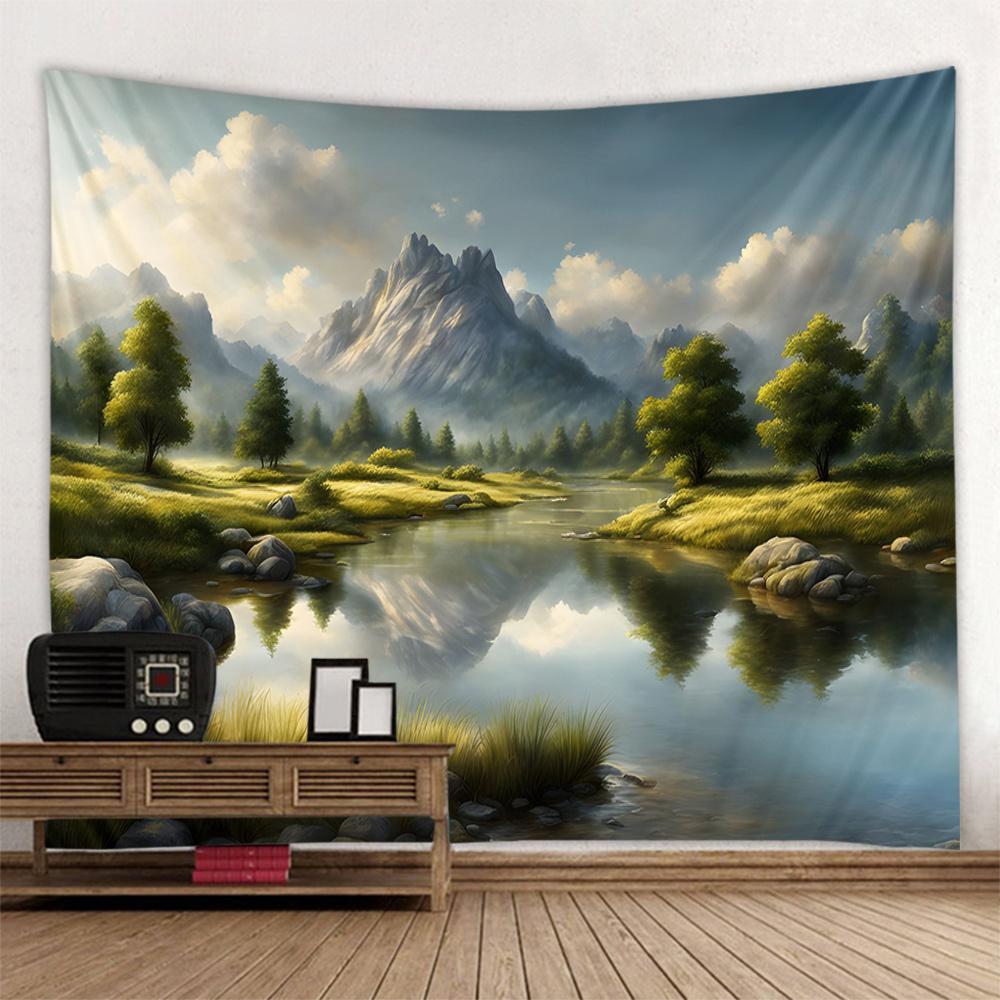 Colorful Landscape Illustration Tapestry Wall Art Decoration Dreamy Forest Mountain Bedroom Living Room Hippie Home Decoration