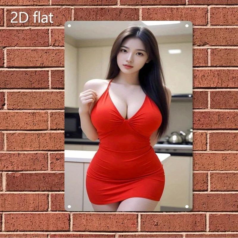 

Canvas Wall Art Metal Print Korean Woman in Red Dress Home Decor Poster for Cafe Bar Christmas Gift Durable Easy Hang 20x30cm