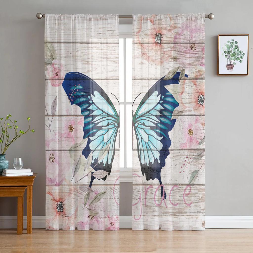 Wood Grain Retro Colorful Butterfly Chiffon Curtains Living Room Bedroom Home Decoration Window Voiles Tulle Curtain Light Filtering Polyester