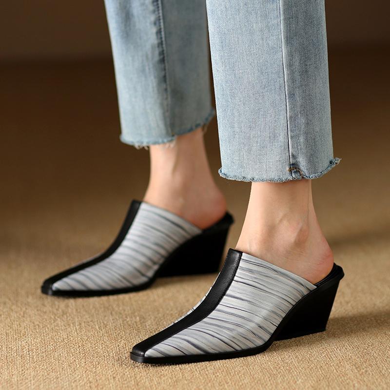 2024 New Genuine Leather Shoes Women Slippers Wedges High Heels Pointed Toe Mules Ladies Office Dress Shoes Slides Women