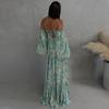 European and American women's clothing 2026 summer new holiday style can wear two lantern sleeves printed split pendulum dress