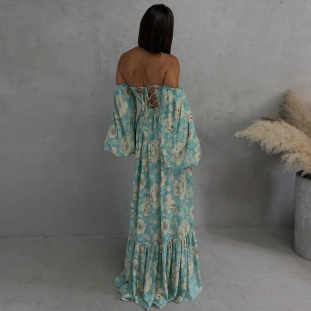 European and American women's clothing 2026 summer new holiday style can wear two lantern sleeves printed split pendulum dress