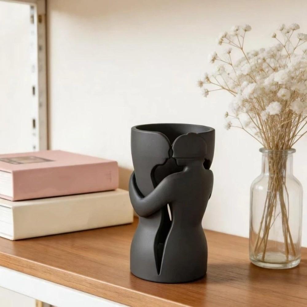 Abstract Shape 3D Couple Flower Vase Black Flower Holder Lovers Ornament Sculpture Bedroom