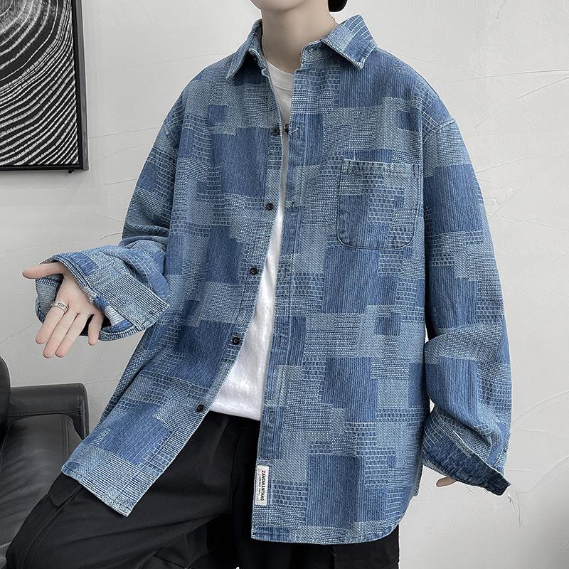 Denim Shirt with Geometric Pattern Oversized Long Sleeve Button Front Pocket Casual Top