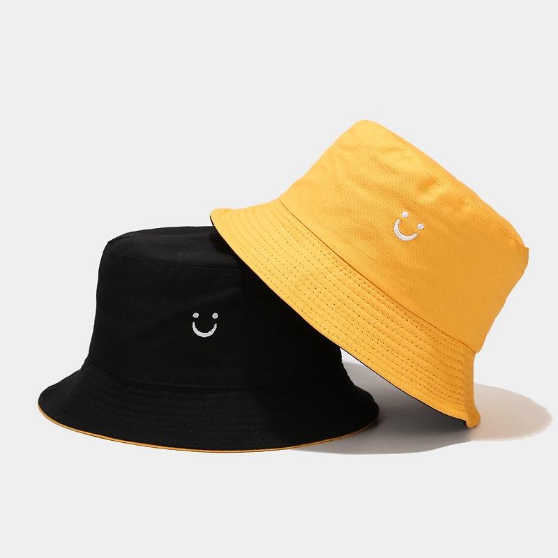 Bestickter Eimerhut mit Smiley-Gesicht, Wende-Sonnenhut in Unifarben für Damen und Herren