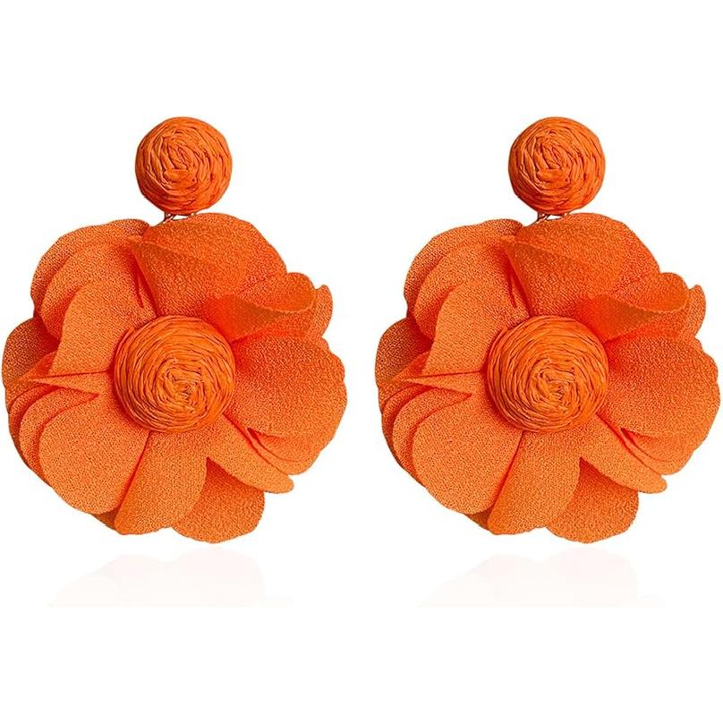 Rattan Earrings Summer Boho Handwoven Big Fabric Chiffon Rattan Flower Drop Earrings Statement Tropical Beach Vacation Jewelry
