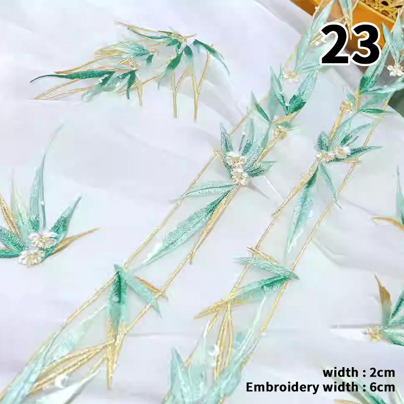 2 Stück 50cm Goldfäden Spitzenband Organza Chinesischer Antiker Stil Bambusstickerei Spitzenbesätze für DIY Hanfu Kleid Ausschnitt
