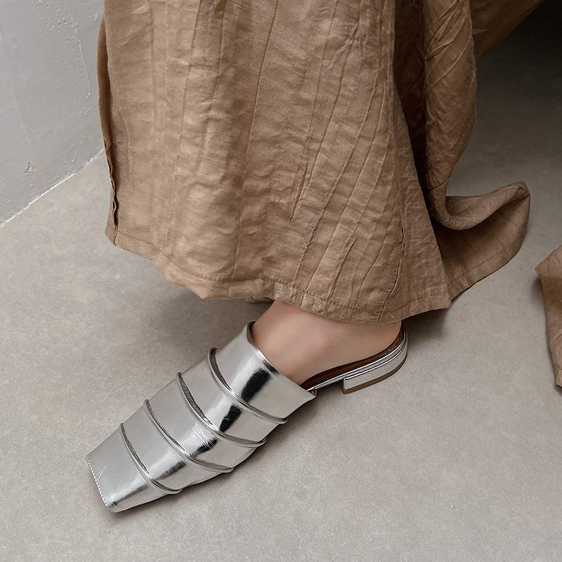 Fashion Women's Genuine Leather Square Toe Slip-on Flats Summer Slippers Soft Comfortable Casual Female Outdoor Mules 2025 New Sandals