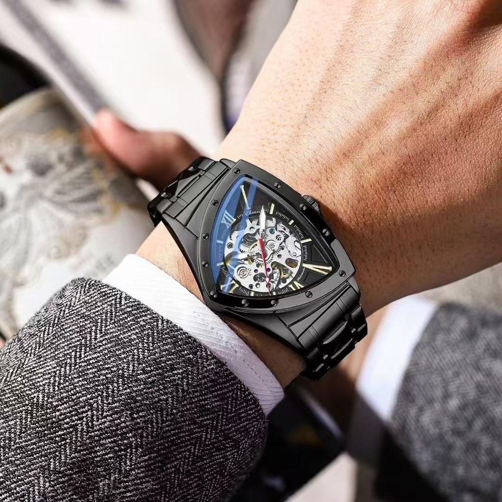 Automatic Man Watch Luxury Stainless Steel Triangle Dial Mechanical Wristwatches Skeleton Waterproof Luminous Watch