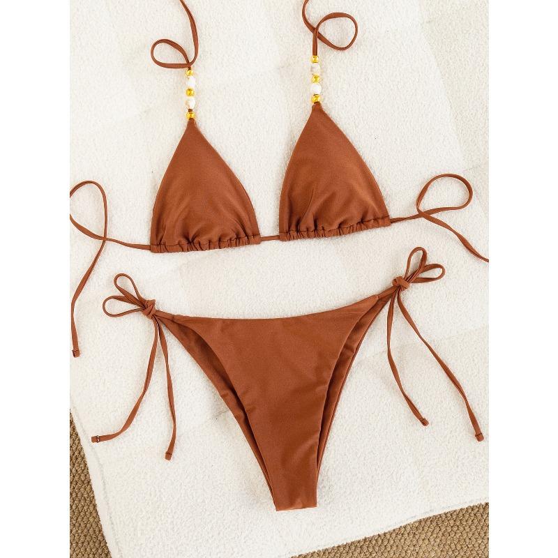Women's Solid Color Beaded Lace-Up Bikini Set, Sexy Two-Piece Swimwear