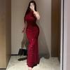 2026 New Women's Elegant Shiny Party Bodycon Robes Sexy Slim Sequins Red Sleeveless Long Dress Fashion Solid Maxi Gown Dresses