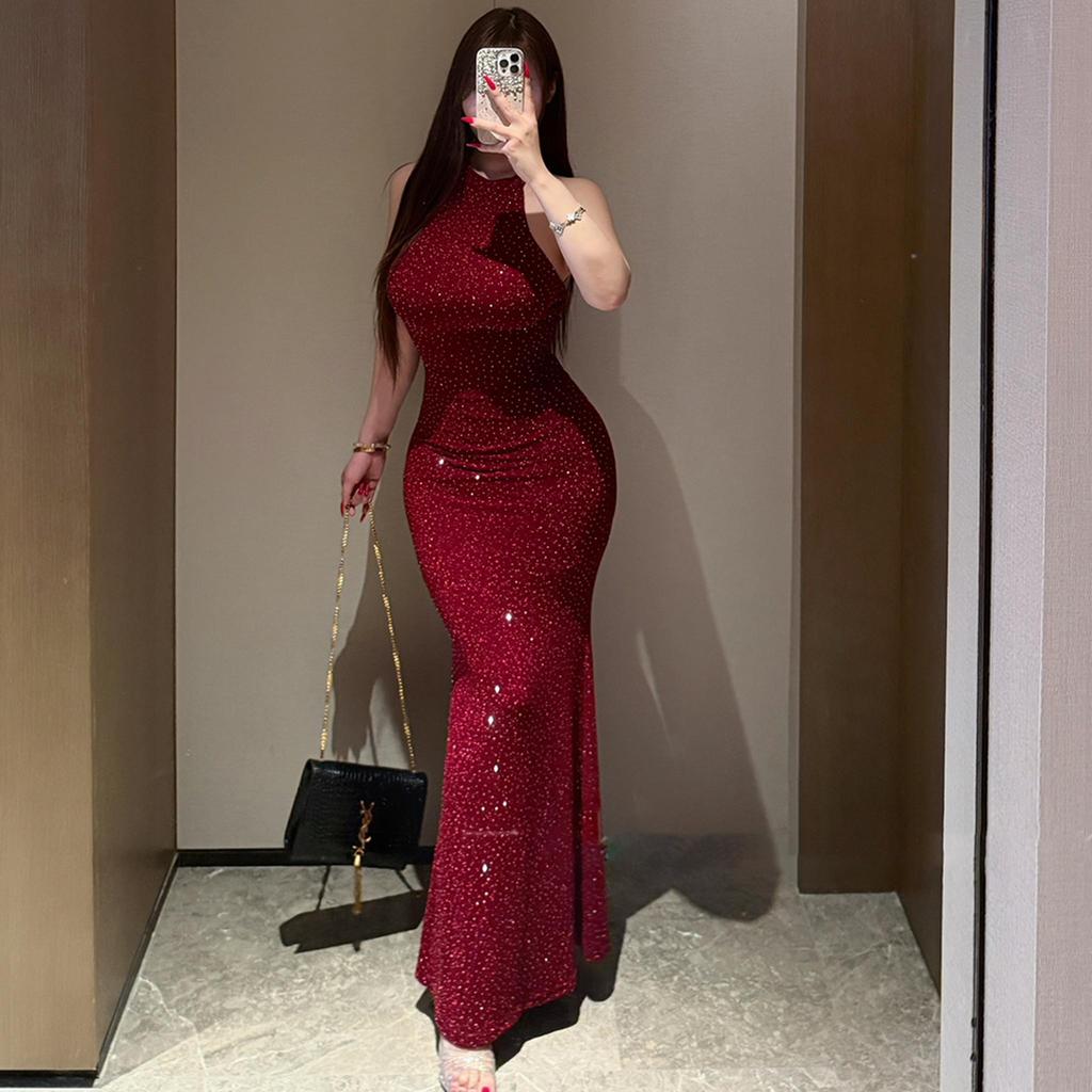 2026 New Women's Elegant Shiny Party Bodycon Robes Sexy Slim Sequins Red Sleeveless Long Dress Fashion Solid Maxi Gown Dresses