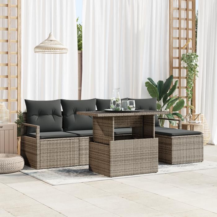 Ensemble de 6 Canapés de Jardin avec Coussins Gris Poly-Rattan, Canapé de Jardin 2 Places avec Rangement &amp; Coussins Gris 3357542