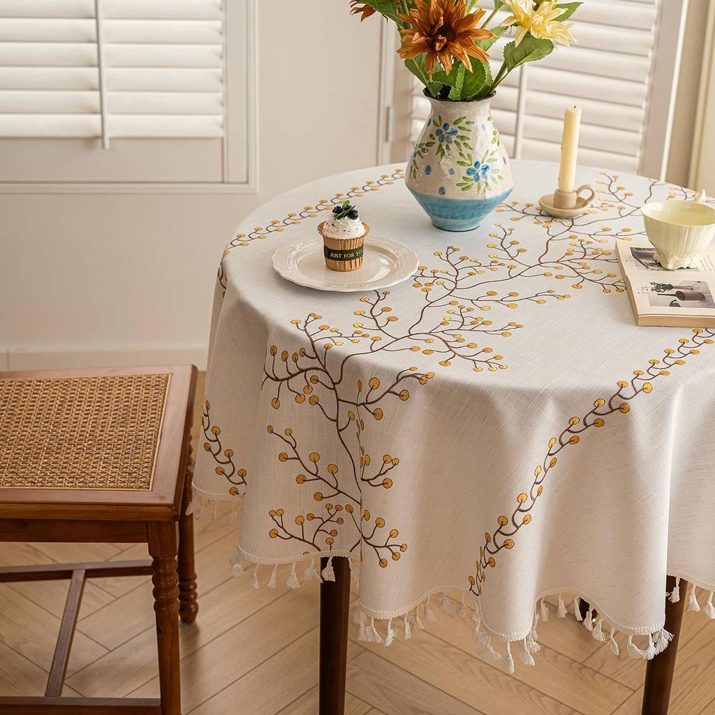 Waterproof Cotton Linen Embroidered Tablecloth for Dining or Coffee Table