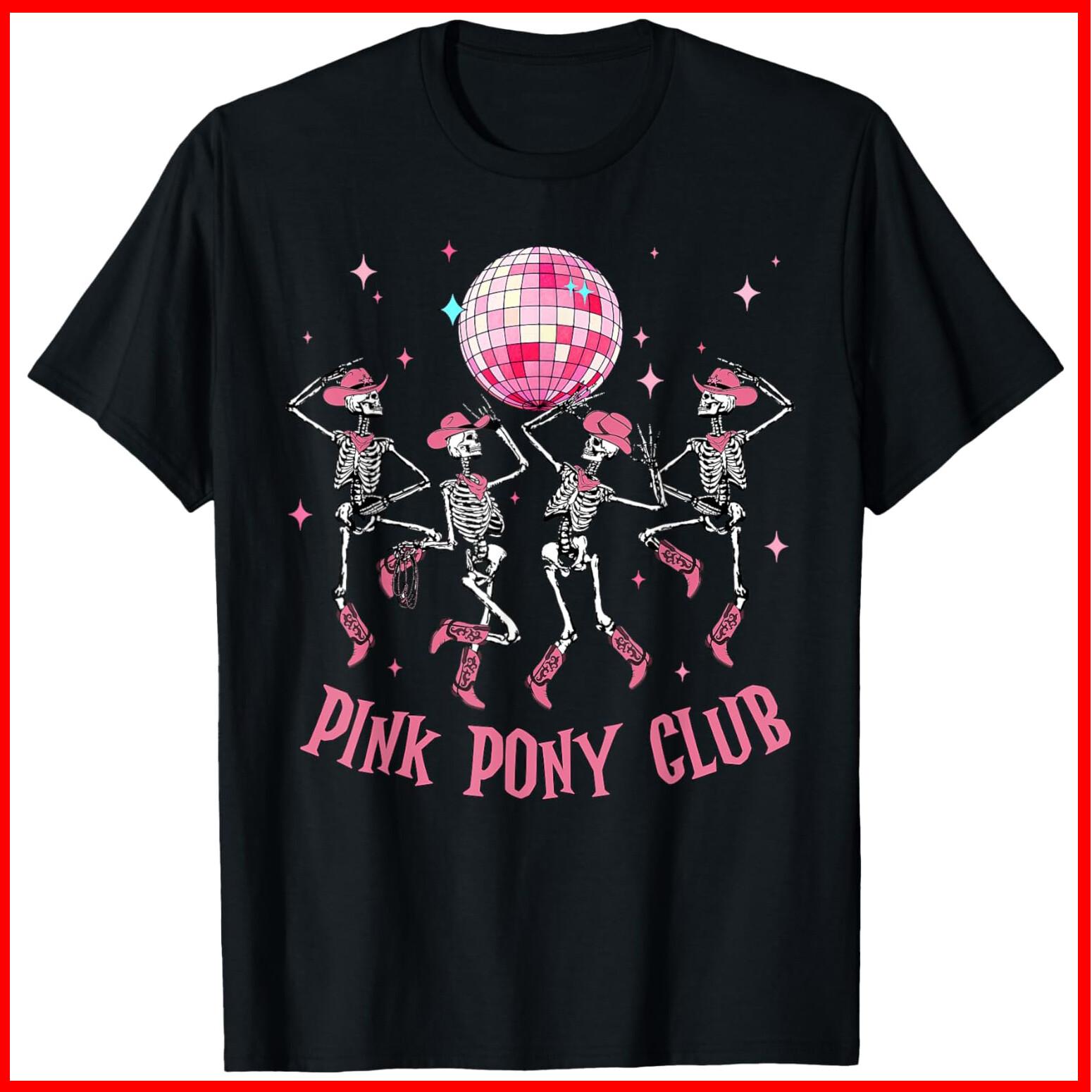 Halloween Skeleton Pink Pony Club Cowgirl Western Birthday Black Cotton T-Shirt XL