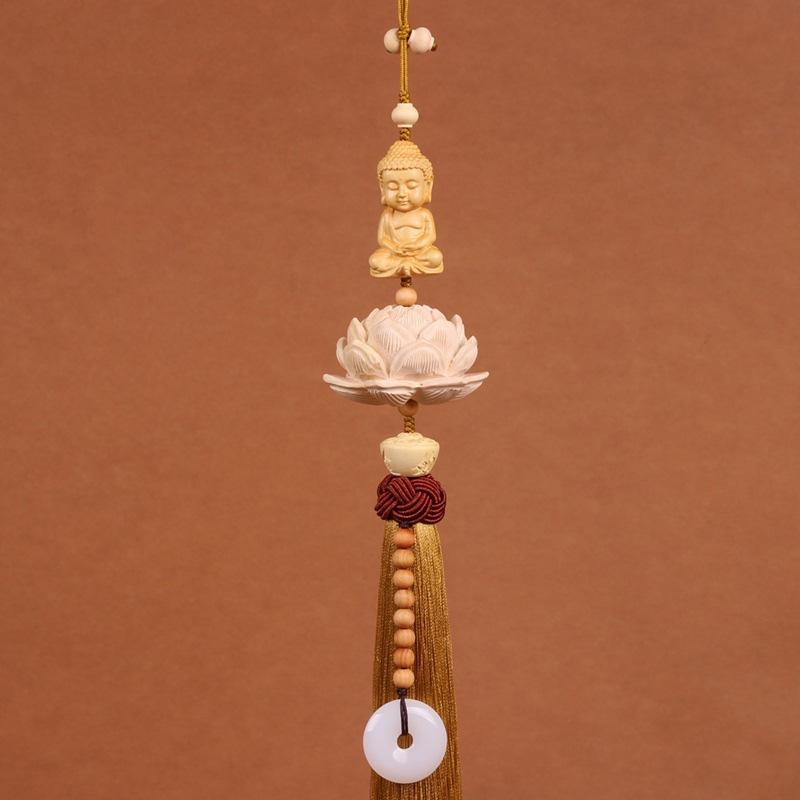 Handmade Boxwood Lotus Buddha Fu Figurines Pendants Car Ornaments Chinese Knot Style Window Decoration Home Decor Feng Shui Gift