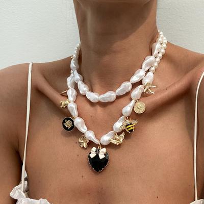 Salircon 2Pcs/Set Imitation Pearl Heart Pendant Necklace Women  Fashion Baroque Bear Bees Multiple Pendant Necklace Jewelry