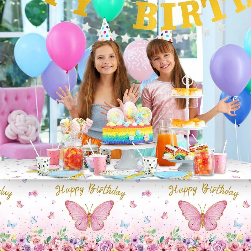 Pink Purple Butterfly Waterproof Tablecloth Spring Butterfly Theme Birthday Party Decoration Girl 1st Birthday Party Baby Shower