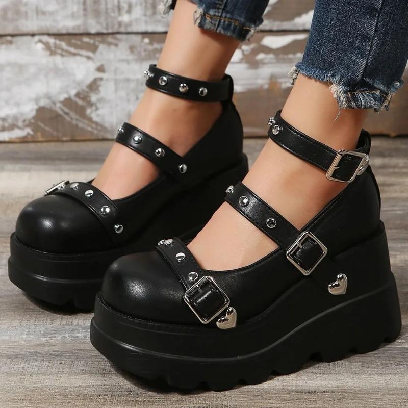 Womens Platform Shoes Punk Style Gothic Shoes Wedge Heeled Single Oes Fashion Leather Casual Footwear Thick Sole Mary Jane Shoes