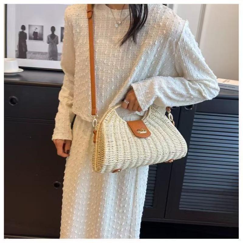 New Summer Straw Woven Bag Women's Handwoven Bag Versatile Messenger Bag Portable Tote Straw Bag Holiday Beach Bag