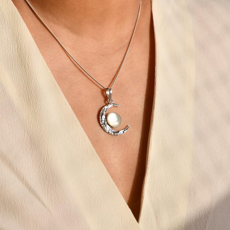 Mother Of Pearl Pendant Moon Celestial Necklace 925 Sterling Silver Pendant For Mother Wife Or Fiance