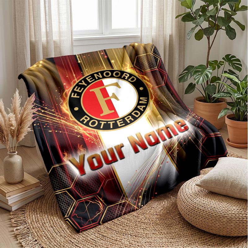 Feyenoord Custom Name Text Flannel Blanket Soccer Logo Personalized Fleece Throw Blanket Special Gift For Sofa Bedroom Home