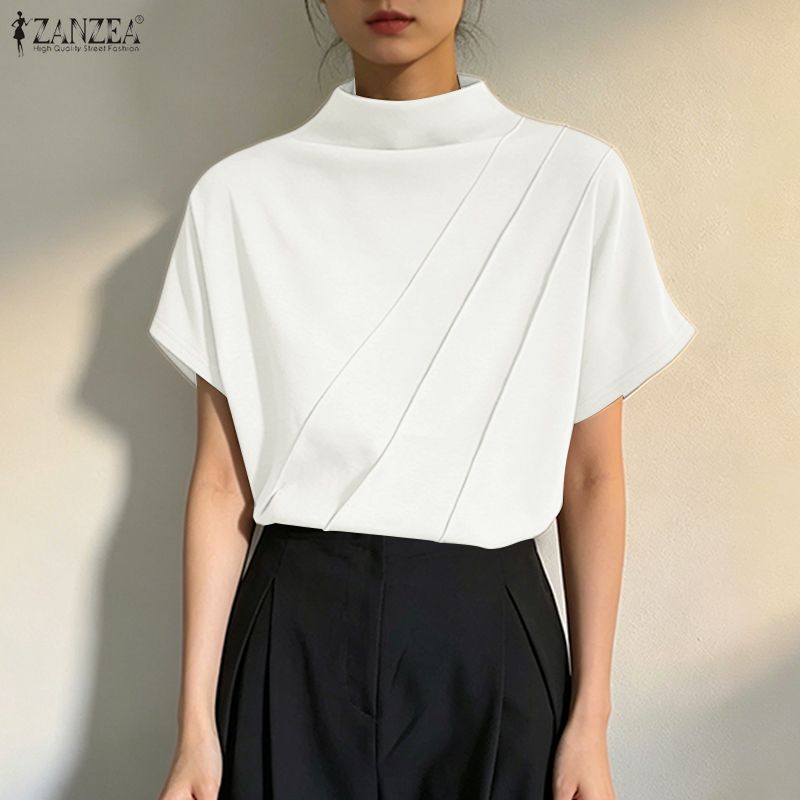 ZANZEA Womens Casual Half-turtleneck Solid Color Loose Short Sleeve Blouse