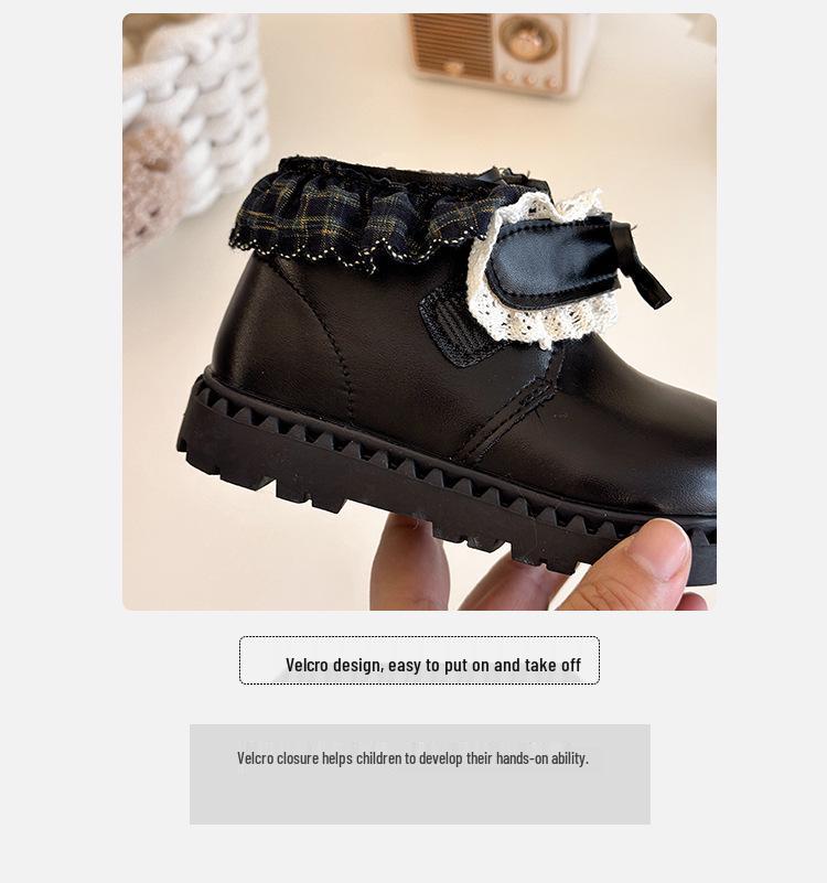 Kore Retro Kız Çocuk Siyah Kışlık Deri Ayakkabı 2025: Lolita Bebek Fiyonklu Pamuklu Kısa Botlar