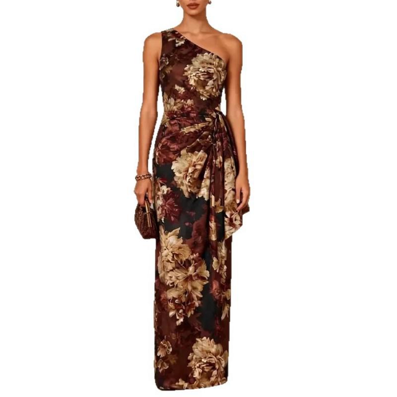 Elegant Floral Print Wrap-Style Off-Shoulder Maxi Dress With Waist Tie Slim Fit Flowy Long Gown Office Evening