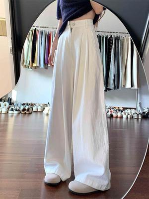 Women's Plus Size White Denim Pants: Wrinkle Texture, Floor-Length, Loose Fit, Tummy Concealing, Wide Leg