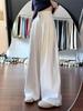 Women's Plus Size White Denim Pants: Wrinkle Texture, Floor-Length, Loose Fit, Tummy Concealing, Wide Leg
