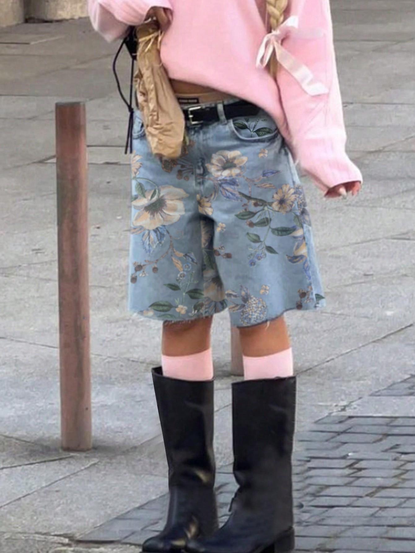 

Rose Beauty A Женские джинсы из денима Y2K Street Vintage Цветочный принт Косые карманы Необработанная отделка Джинсовые шорты длиной до колена XS синий