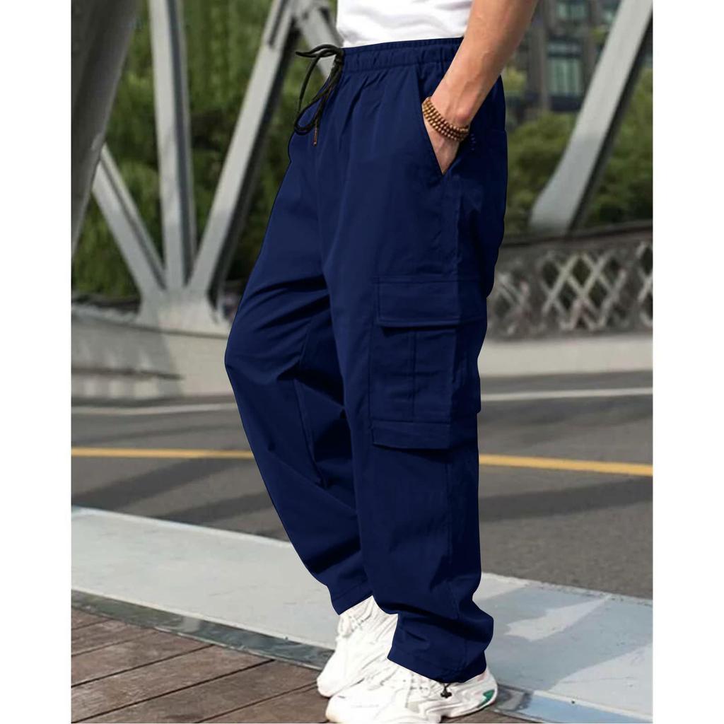 Männer Casual Cargo Hosen Elastischer Bund Kordelzug Multi Taschen Hip Hop Hosen Gerade Breite Bein Lange Hosen