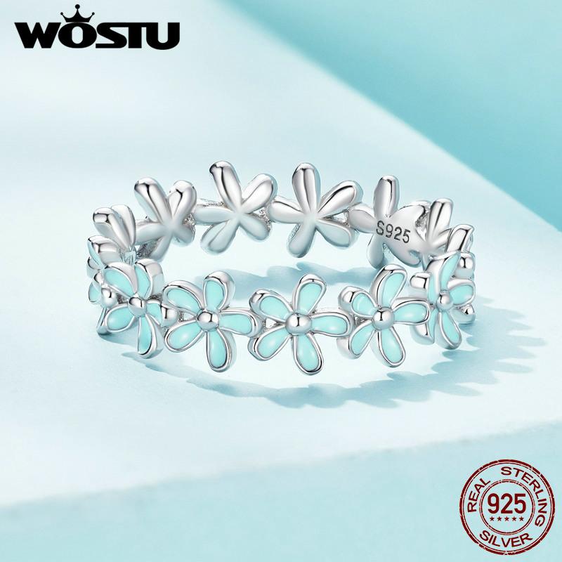 WOSTU 925 Sterling Silver Small Blue Wreath Finger Ring Enamel Flower Ring for Women Valentine's Day Gift Romantic Fine Jewelry