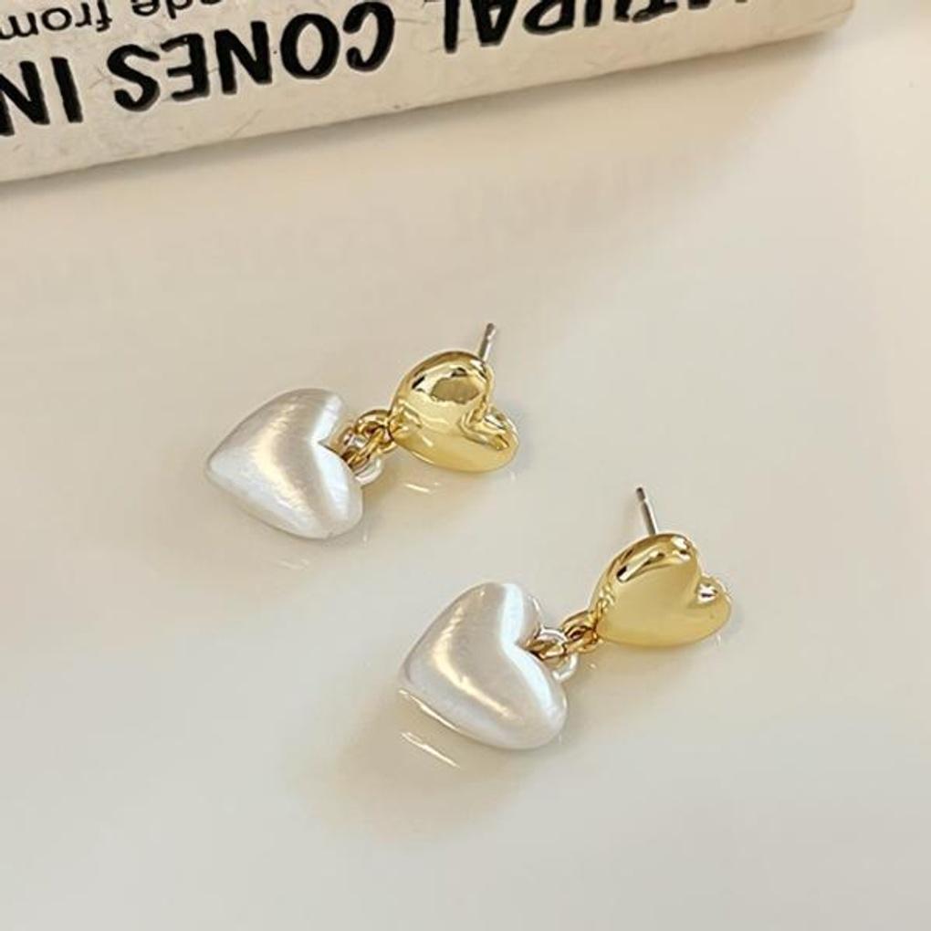 Women's Gold Silver Double Heart Earrings [Silver Needle]