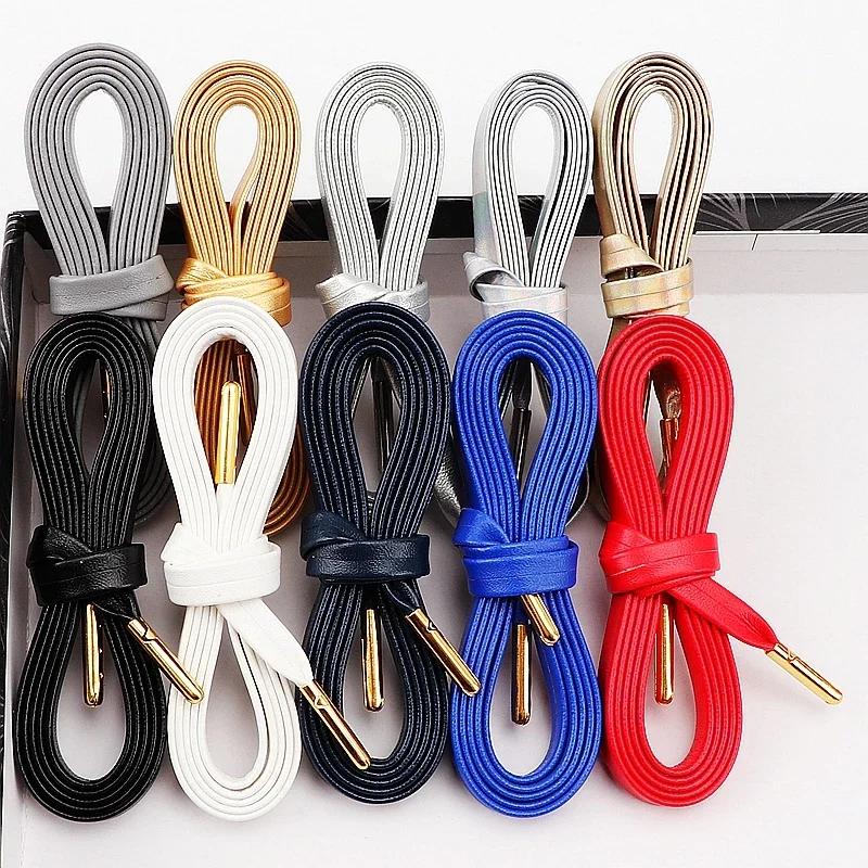 Luxury Faux PU Leather Shoelaces Gold Silver Flat Rope Shoelace Metal HeadSneakers Casual Shoes Laces 80/100/120/140/160cm 1Pair