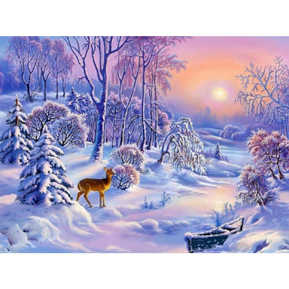 5D DIY Diamond Painting Landscape Winter House Full Round Rhinestone Embroidery Cross Stitch Kit Mosaic Picture Decoration Gift