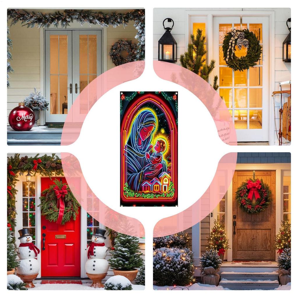 Christmas Door Cover Decoration Fabric Fluorescent Religious Jesus Scene Backdrop Christmas Porch Sign Banner Decor For Indoor