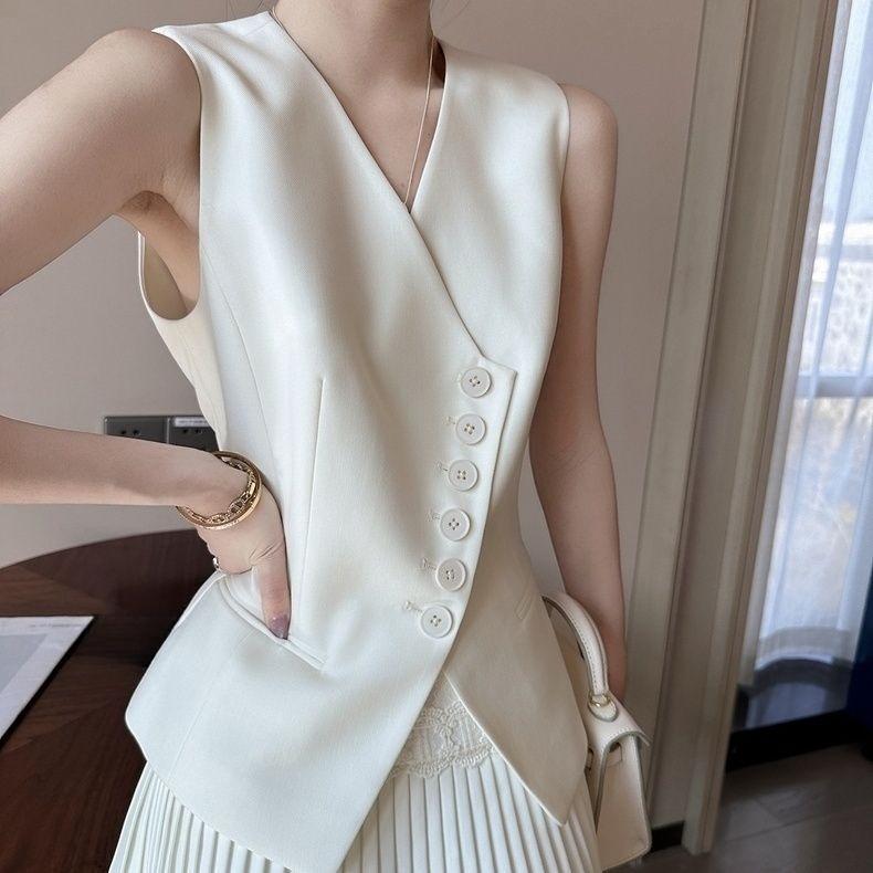 Fashion Diagonal Button Blazer Vest for Women Layered Office Wear Sleeveless Outwear Clothes