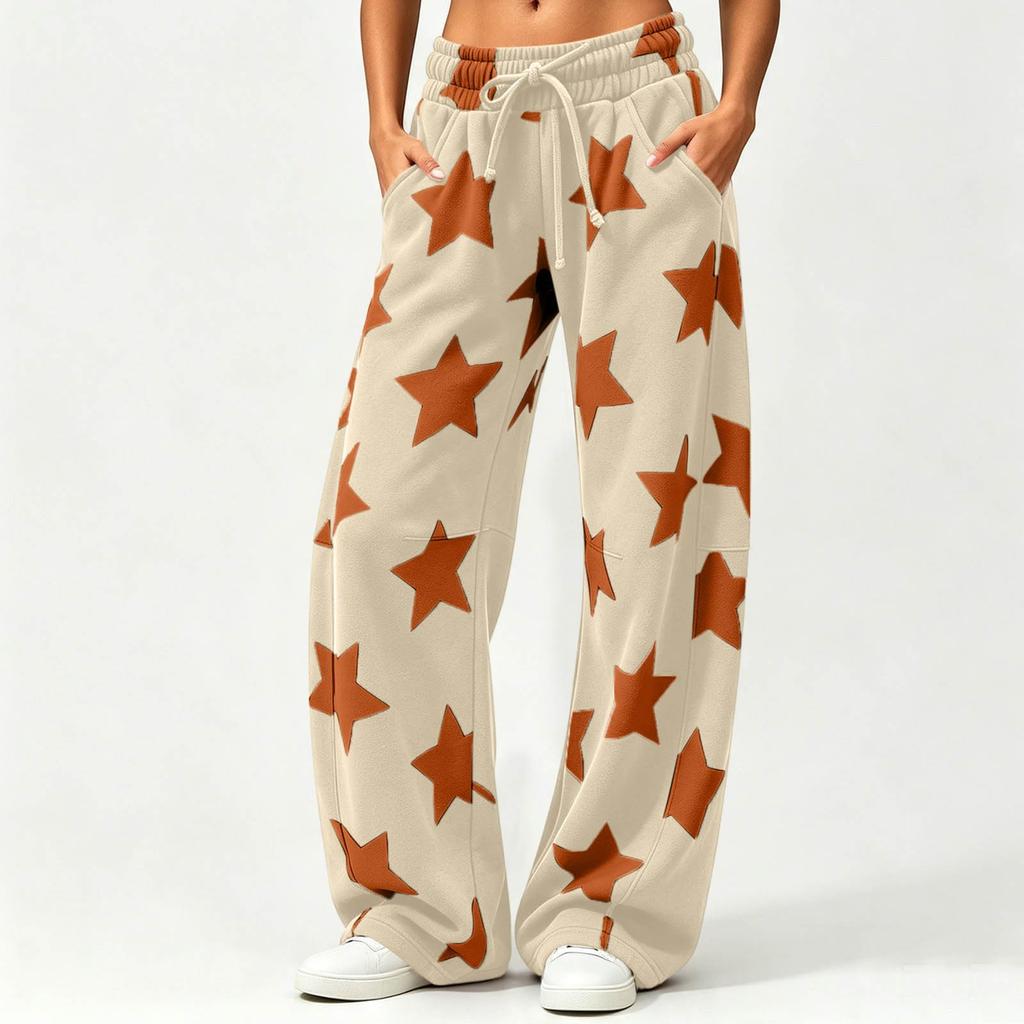 Women's Casual Loose Fit Star Print Curved Wide Leg Pants for Everyday Wear