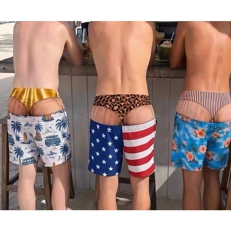 Men's Novel 3D Fake Hip Printed Swimming Pants with Fun Mischief Design Drawstring Summer Beach Surfboard Swimming Shorts
