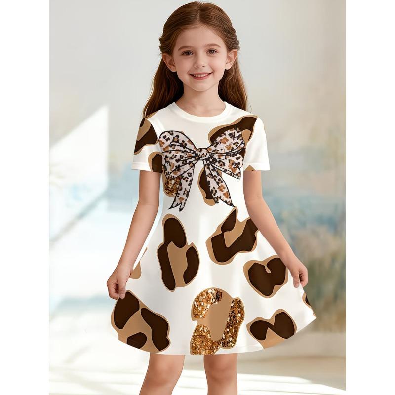 Leopard Print Summer Girls Dress Short Sleeves All Printed Frocks Cute A-Line Princess Dress for Young Girls